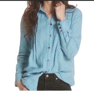 Free People Breezy Mornings Blue Linen Tunic Shirt Size XS